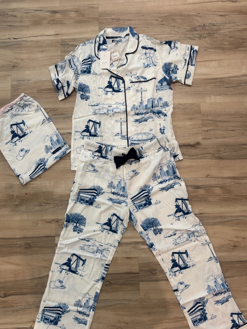 Katie K White and Blue Printed Pajama Pant Set with Black Trim